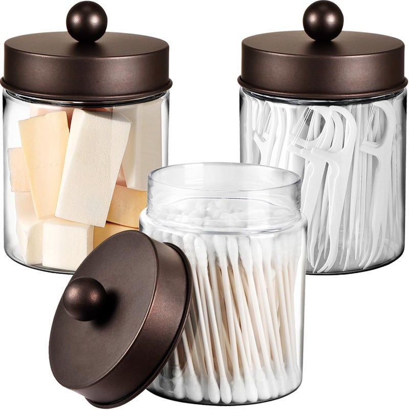 Komashr 3PC Farmhouse Decor Qtip Holder Apothecary Jars Bathroom Vanity Storage Organizer -Countertop Canister Container &Cute Stickers for Cotton Swab, Ball,Pad,Floss ,Paper Clips (Bronze,Plastic) - Image 1